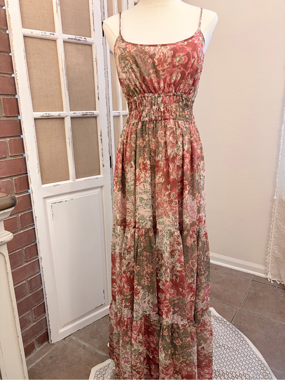 Anthropologie Hutch Gail Floral Tiered Maxi Dress  Pink Orange M NWT Boho